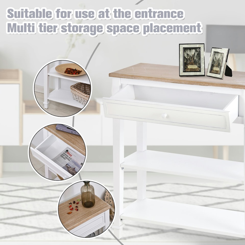 image 1 of HOMCOM 80x75cm Console Table w/ Drawer 2 Shelves Worktop Handle Retro White White | White