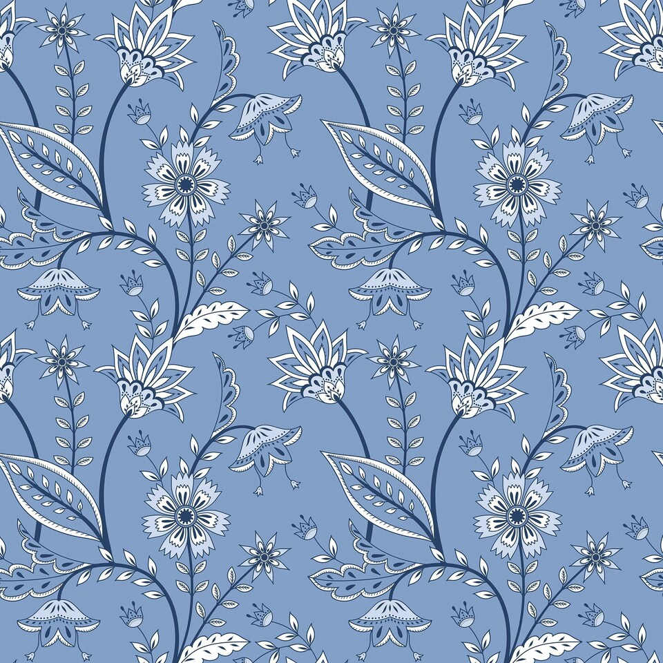 Sample of Jacobean Floral Wallpaper in Cornflower Blue Blue