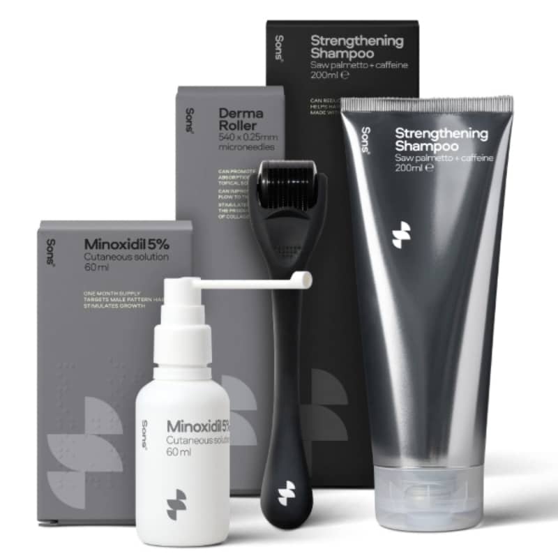 Sons Minoxidil 5% Spray (1x60ml), Hair Growth Shampoo (1x200ml) & 0.25mm Dermaroller for Men