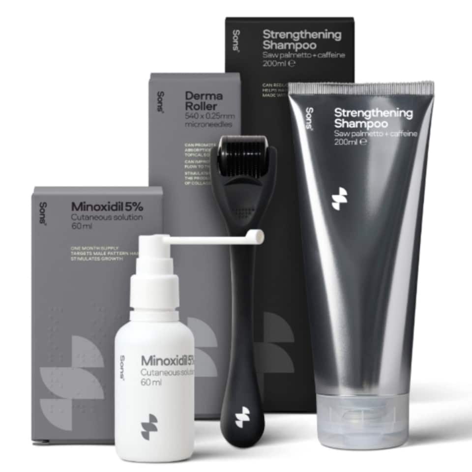 image 1 of Sons Minoxidil 5% Spray (1x60ml), Hair Growth Shampoo (1x200ml) & 0.25mm Dermaroller for Men