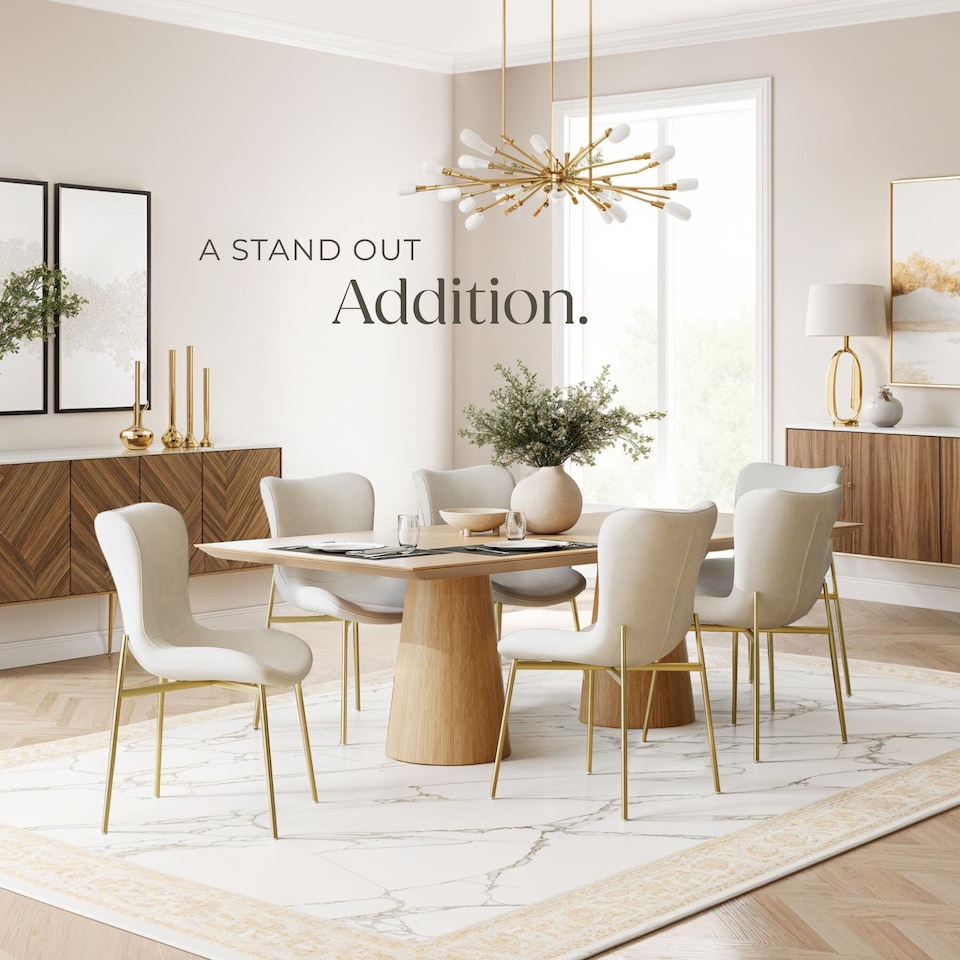 image 1 of Dining Chair Tessa - ergonomic high backrest, slim steel legs, soft fabric | Cream | Velvet look beige/gold | 1