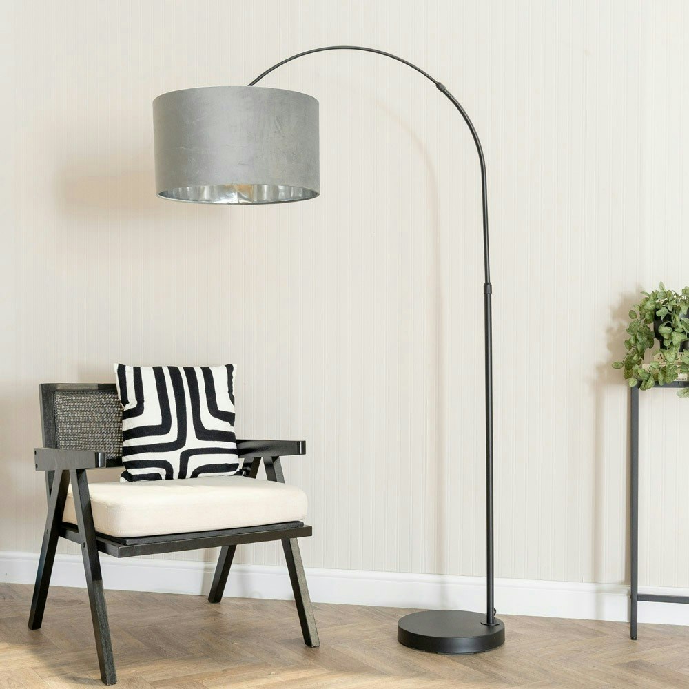 ValueLights Louis Black Arched Floor Lamp Grey Velvet and Metallic Chrome Shade