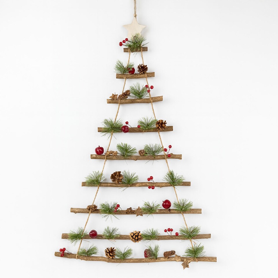 image 1 of Neo Wooden Hanging Wall Xmas Christmas Tree Ladder Decoration Rustic Nordic Hygge Style with Pine Cones Red Berries Jute Rope Wall Mounted Décor