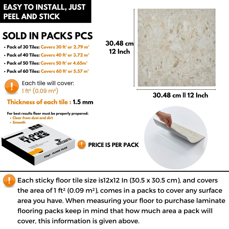 image 1 of NOVECRAFTO Vinyl Floor Tile – Self Adhesive 12x12 in – Desert Terrazzo – Peel & Stick for Kitchen, Bathroom & Living Room – Waterproof & Easy DIY | Brown | 3.72 sqm