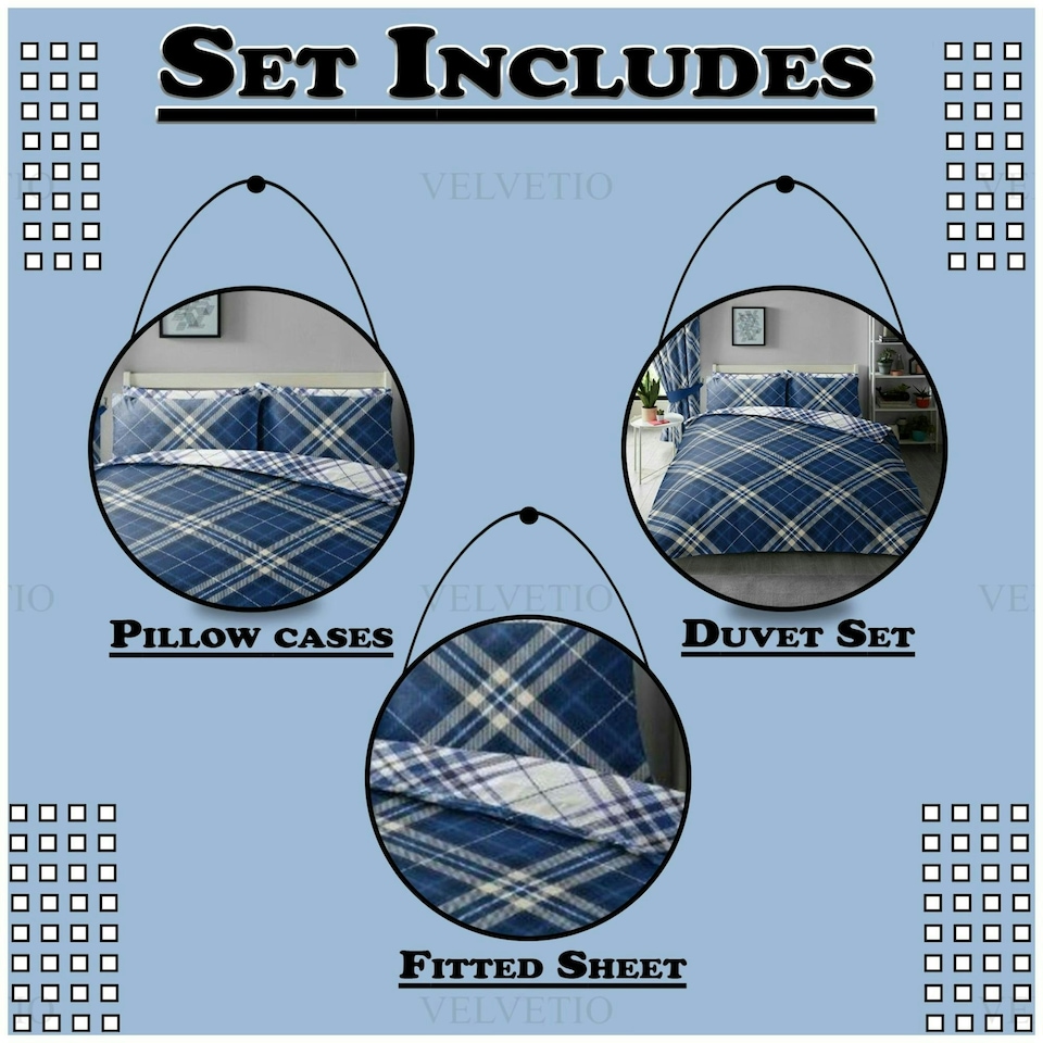 image 1 of VELVETIO Diagonal Check Complete Duvet Cover Set with Fitted Sheet Breathable Bedding Quilt Blue | King