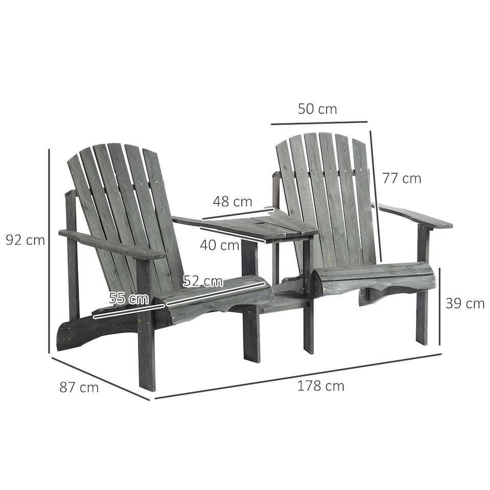 image 1 of Outsunny Wooden Outdoor Double Adirondack Chair w/ Center Table & Umbrella Hole