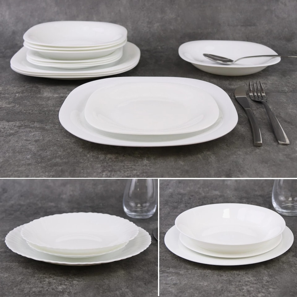 image 1 of White Opal Glass Dinner Set Plates Soup Bowls Dinnerware | White | Luna - Breakfast & Dinner - 24 Pcs | 24