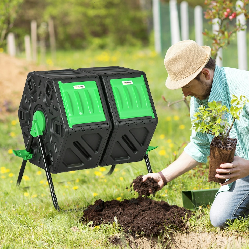 image 1 of Outsunny 130L Compost Bin Dual Chamber Rotating Composter w/ Ventilation Holes