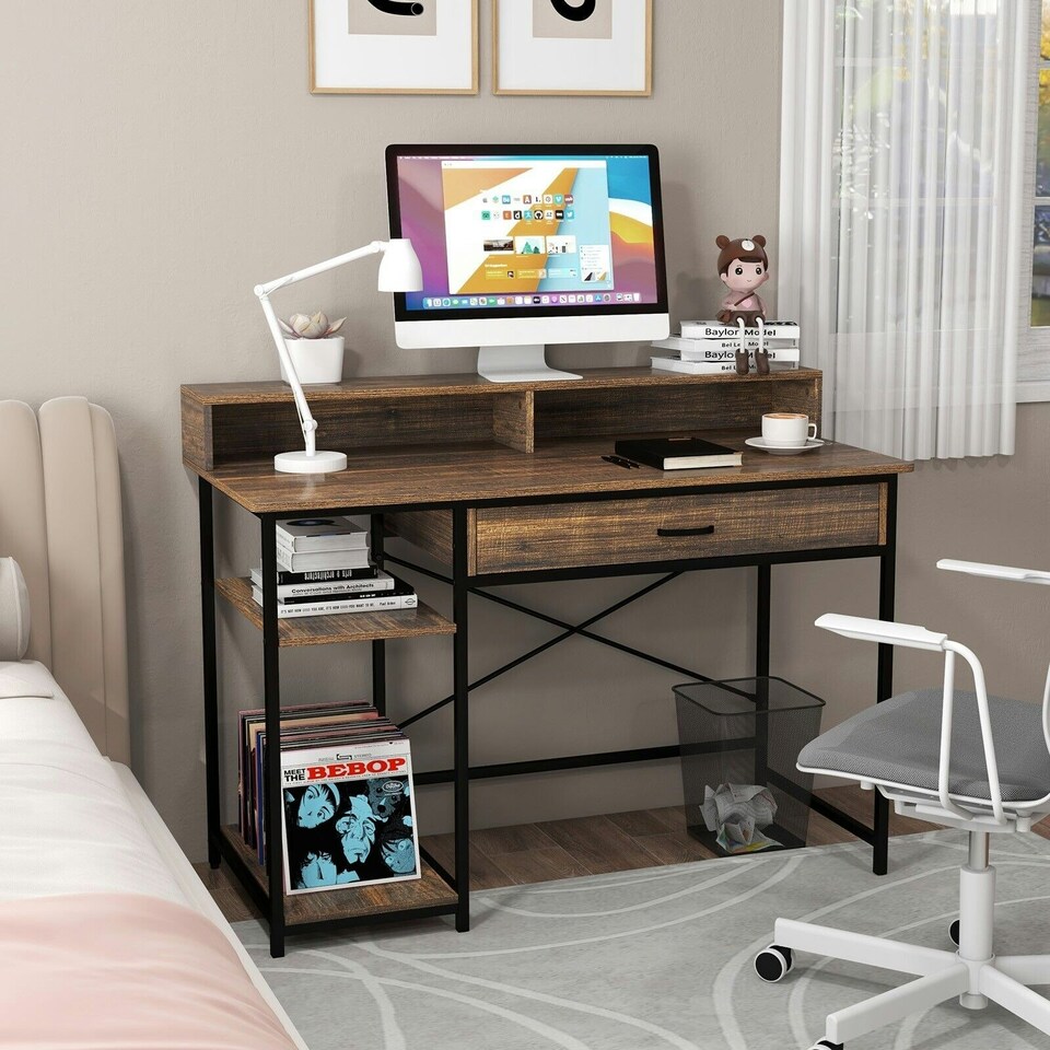 image 1 of COSTWAY Computer Desk Writing Workstation w/Storage Drawer Brown