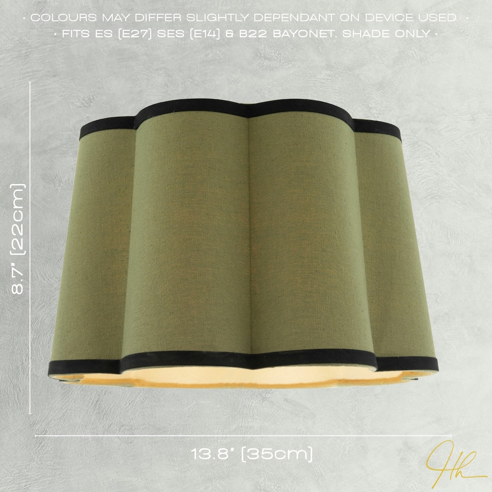 image 1 of Olive Green Linen Scallop Drum Lamp Shade with Black Cotton Trims Green