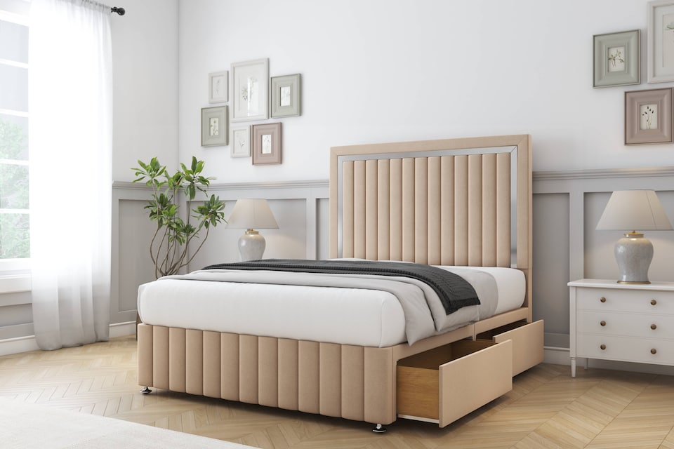 image 1 of Sloomy Boston Chrome Pebble Plush Divan Bed Base No Drawers With 26 Inch Strutted Headboard & 12 Inch Matching Footboard | Brown | Pebble | Single | 1