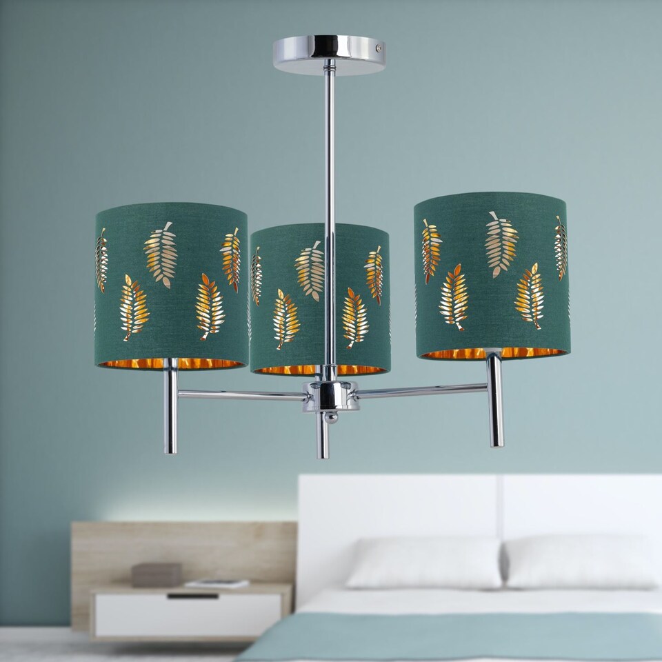 image 1 of Brea - Chrome 3 Light Fitting with Dark Green Fern Shades | Chrome | Green | 1