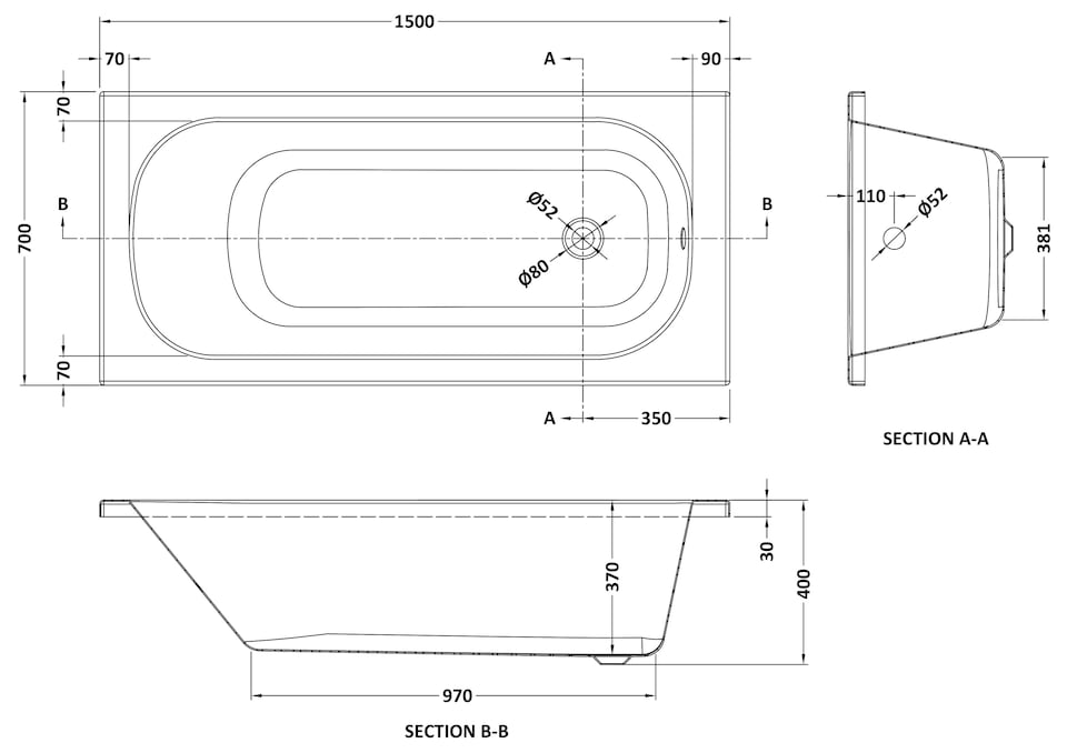 image 1 of Balterley Bathroom Rectangular Single Ended No Tap Hole Steel Bath