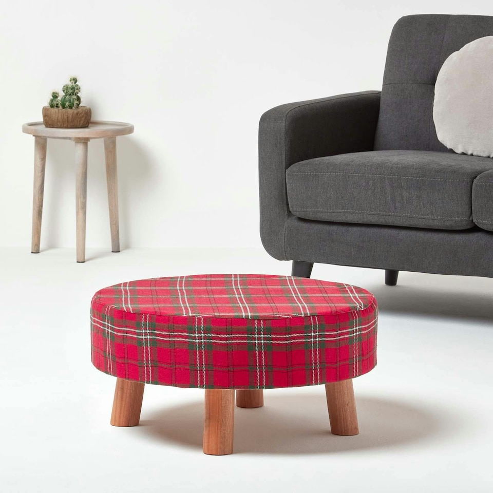 image 1 of Homescapes Traditional Red, Green and White Tartan Flat Footstool with Legs | Red | 62 x 62 x 30 cm