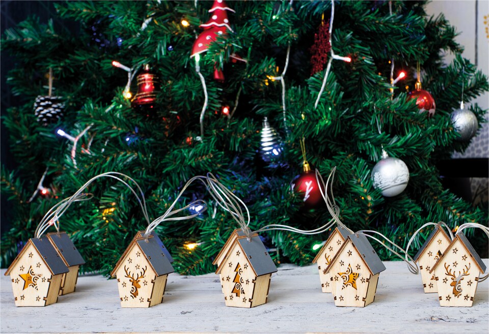 image 1 of St Helens 10 WOODEN FESTIVE HANGING HOUSES WITH LED LIGHTS