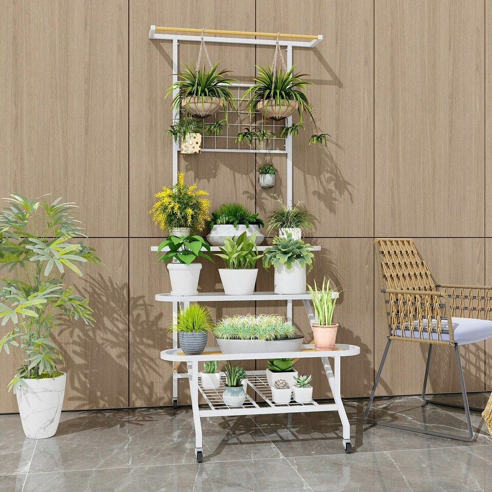 image 1 of COSTWAY 4-Tier Hanging Plant Stand Ladder Shelf  Plant Holder | White