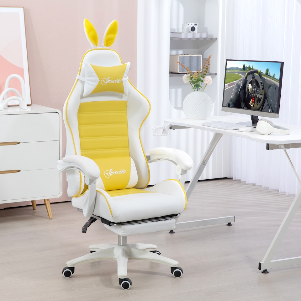 image 1 of Vinsetto Reclining Racing Gaming Chair with Headrest and Lumber Support, PU Leather Computer Chair with Removable Rabbit Ears, Footrest, Yellow
