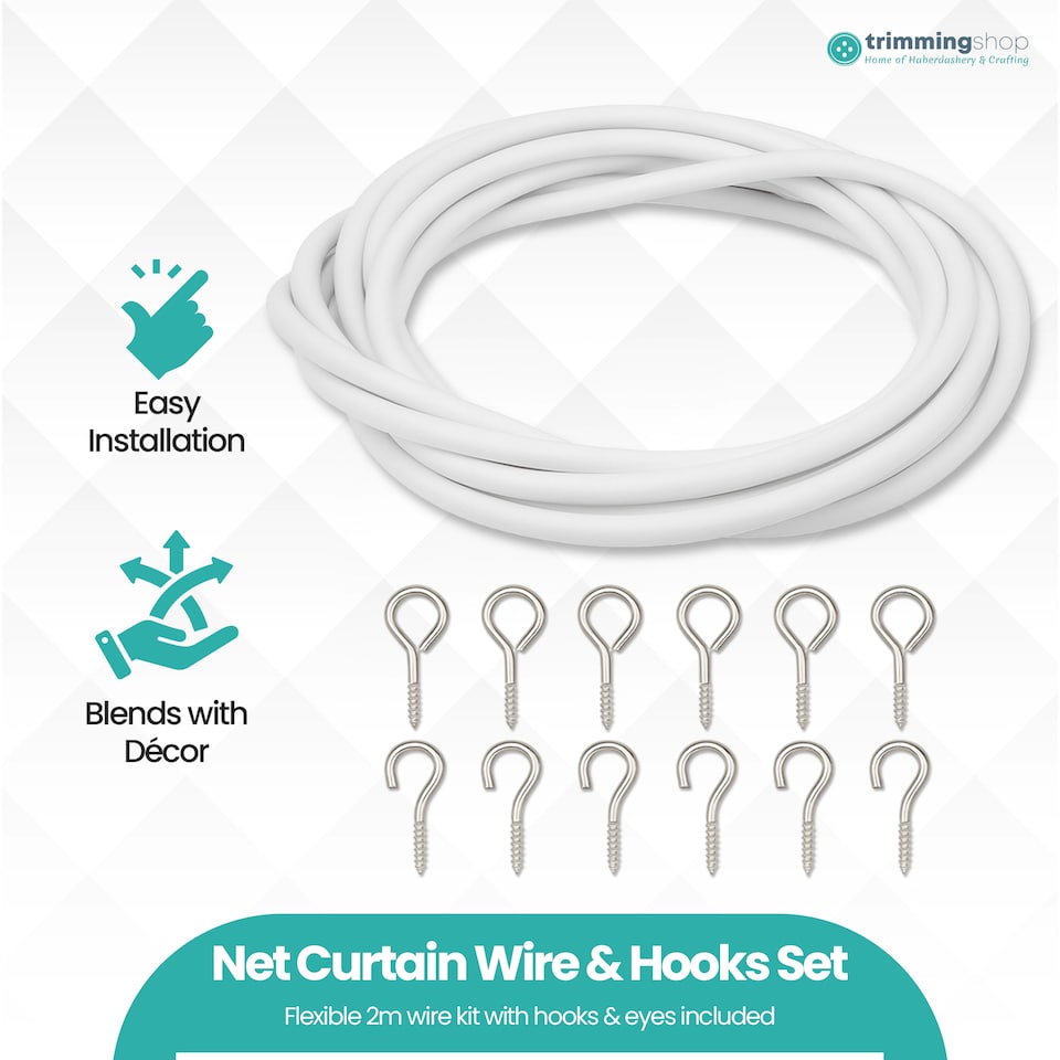 image 1 of White Net Curtain Wire & Hook Set, 2m Curtain Cord with 6 Hooks & 6 Eyes