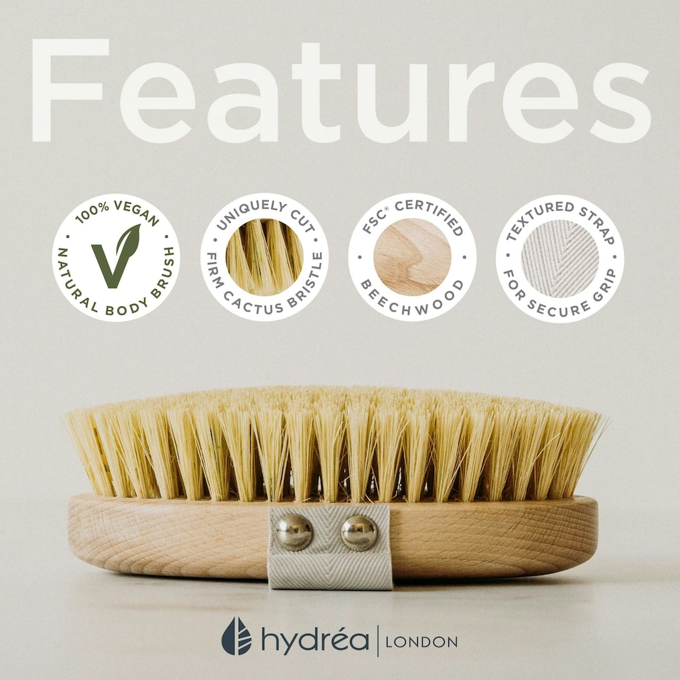image 1 of Hydréa London Professional Vegan Dry Body Brush FSC® Certified Beechwood with Cactus Bristle for Exfoliation & Detox