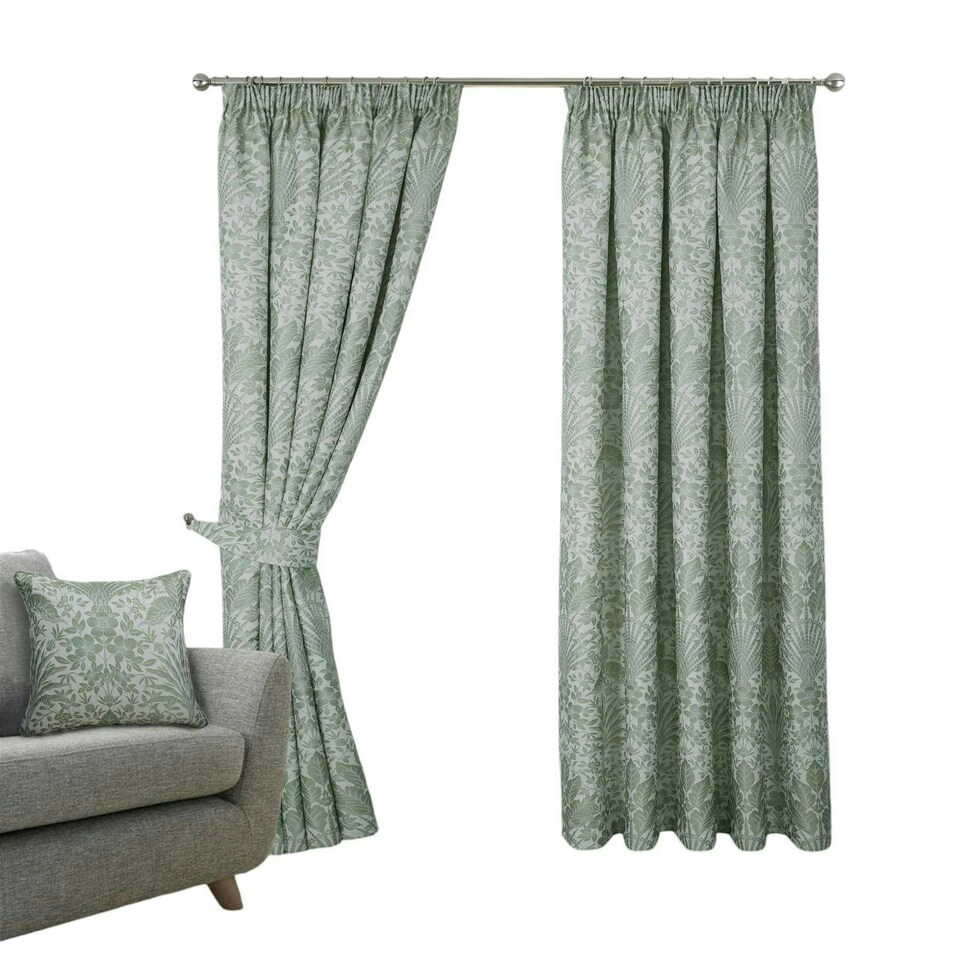 image 1 of Keswick Floral Pencil Pleat Curtains - Green - 117cm x 229cm