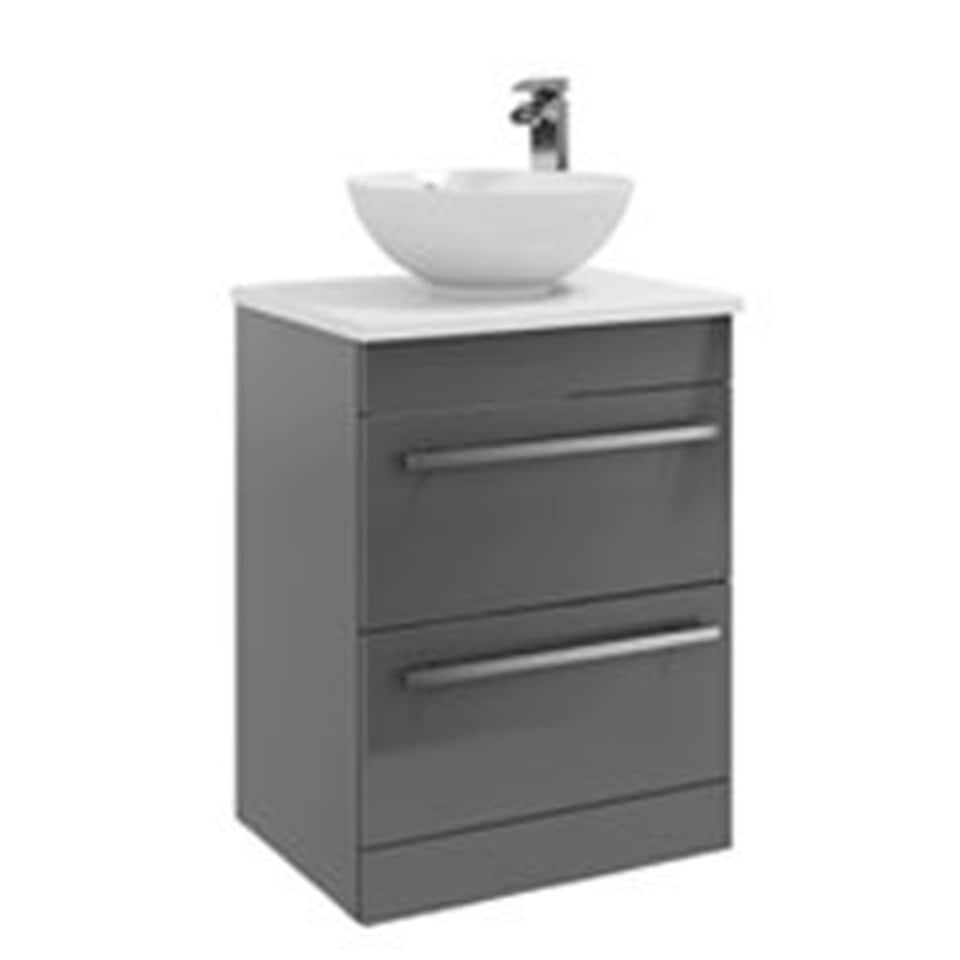 image 1 of 2-Drawer Floor Standing Vanity Unit with Sit-On Basin and Worktop 600mm Wide - Storm Grey Gloss  - Brassware Not Included | Grey | Grey | 1