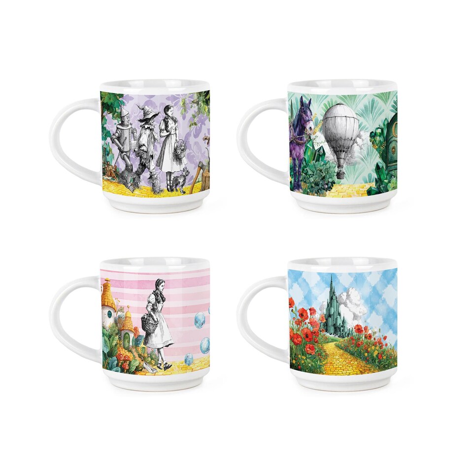 image 1 of Wizard of Oz Stacking Mugs Set - Dorothy Glinda Emerald City Gift - Set of 4 Ceramic Cups Set with Metal Stand | White