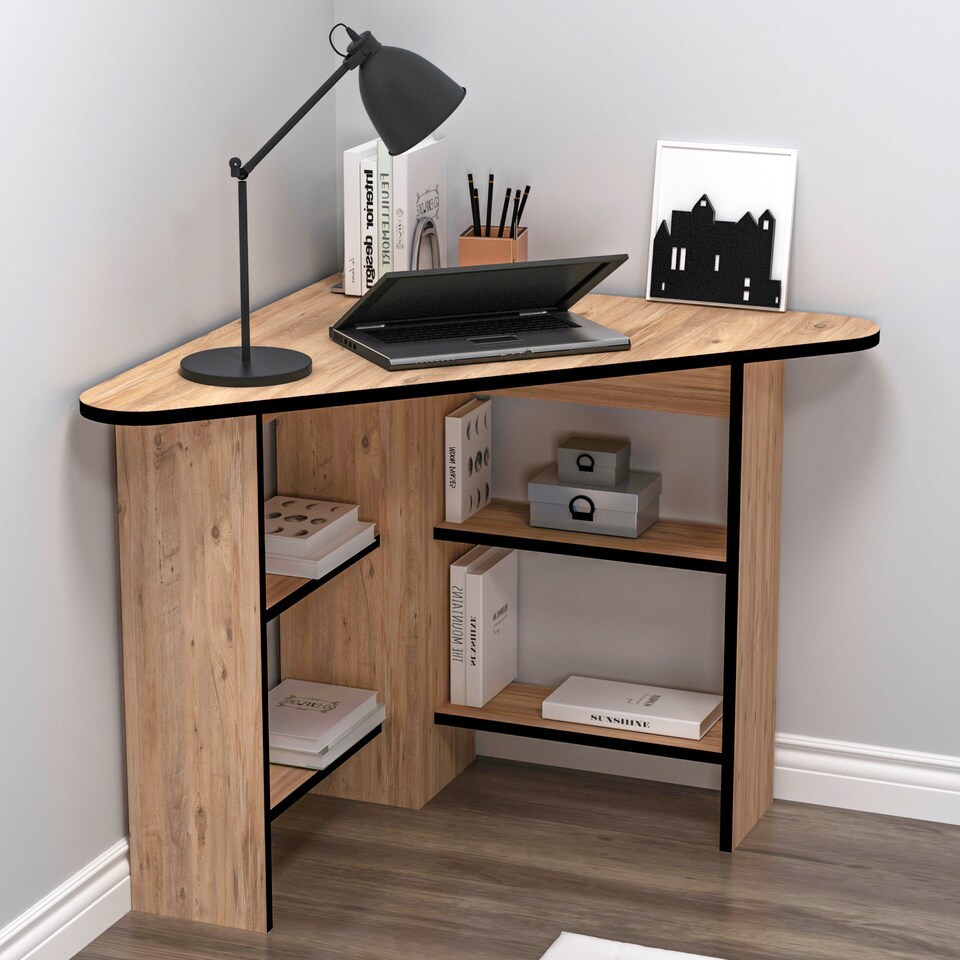 image 1 of Corner Computer Desk with Shelves | Orange | Atlantic Pine & Black | 1