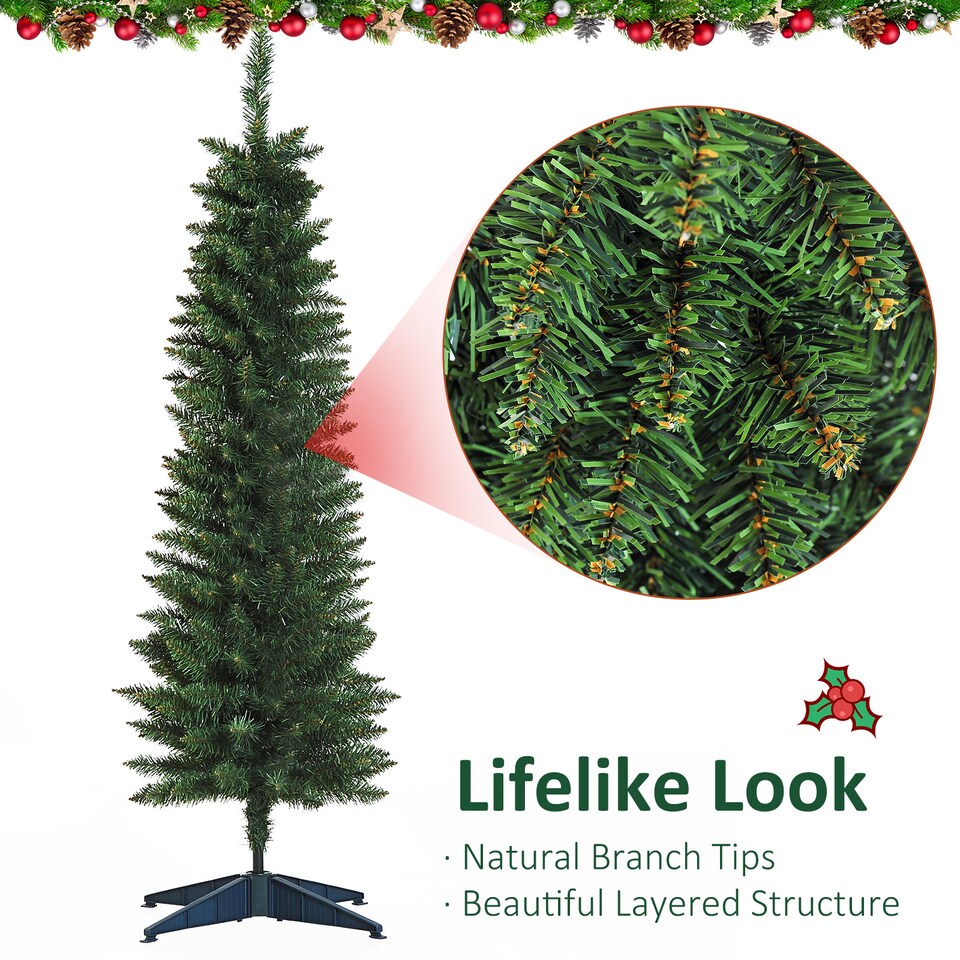image 1 of HOMCOM 5ft Unlit Artificial Christmas Tree, Pencil Slim mas Tree with Solid Stand and Realistic Branches, Green
