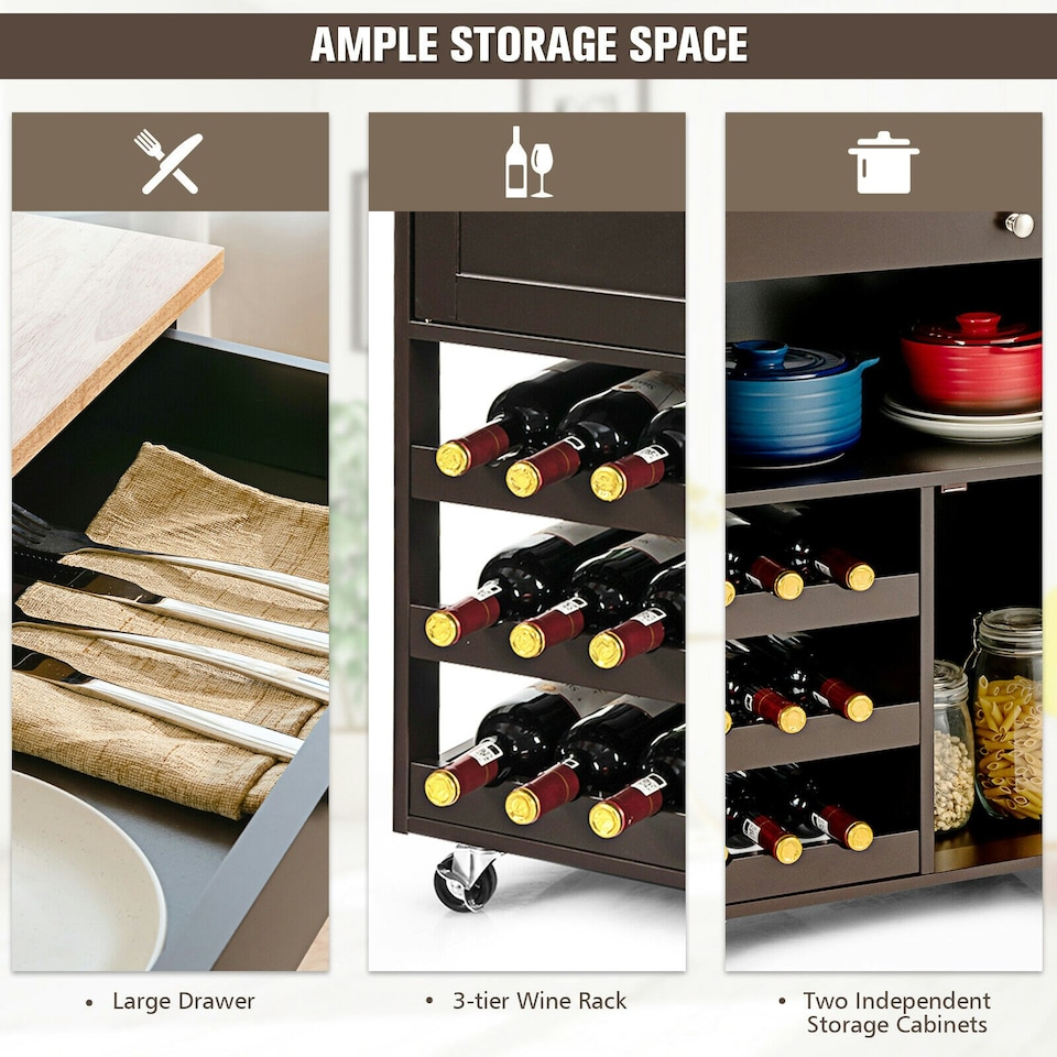 image 1 of COSTWAY Rolling Kitchen Storage Trolley Cupboard Island Brown