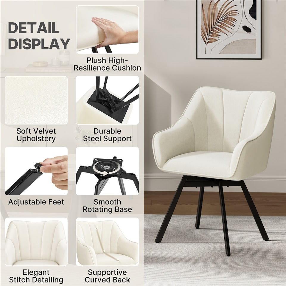 image 1 of Yaheetech Swive Velvet Dining Chair with Backrest and Armrests | White | Beige | One Size