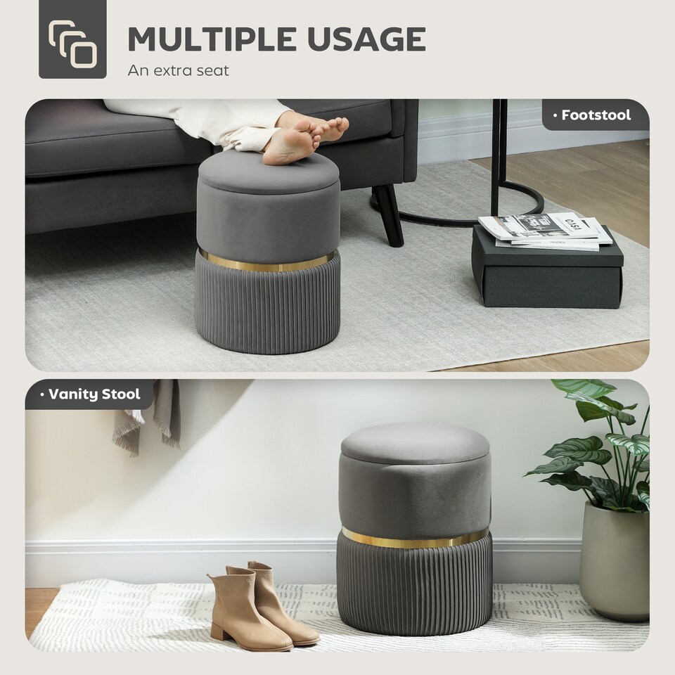 image 1 of HOMCOM Round Pouffe Storage Footstool with Cushioned Top Hidden Space Grey