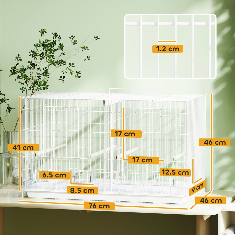 image 1 of PawHut Bird Cage with Divider, 4 Wooden Perches, Slide Out Tray, White