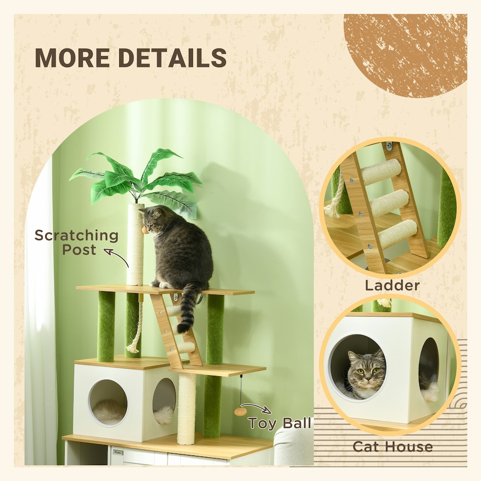 image 1 of PawHut 2-in-1 Hidden Litter Box with Green Leaf Cat Tree, Indoor - Oak
