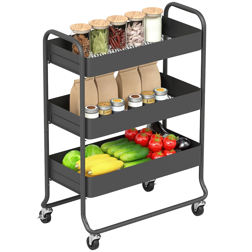 image 1 of HOMCOM 3-Tier Storage Trolley on Wheels, Rolling Utility Cart with Mesh Backets, Mobile Storage Cart for Kitchen, Bathroom, Bedroom, Black | Black | Black