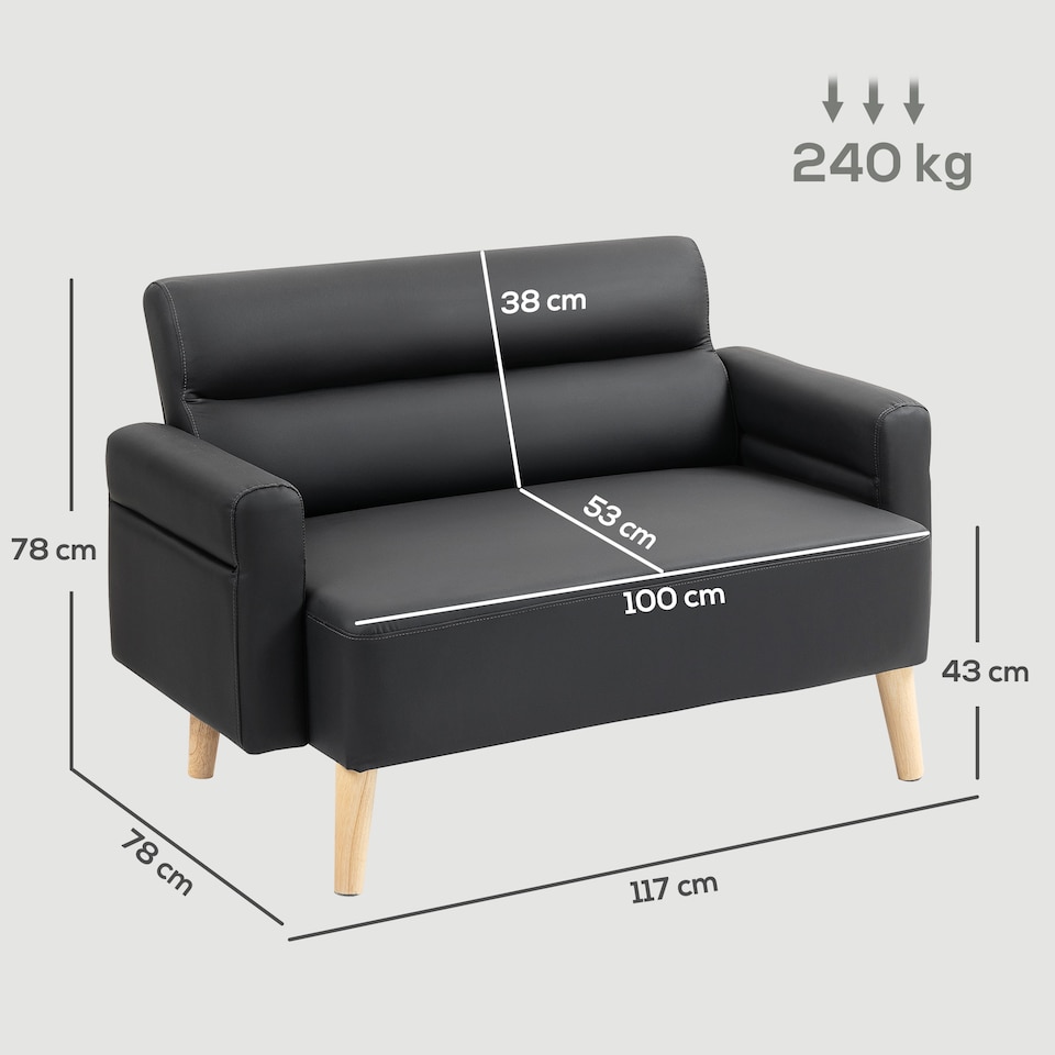 image 1 of HOMCOM 2 Seater Sofa, Modern Faux Leather Couch Settee, Upholstered Small Sofa Loveseat with Wood Legs, Side Pocket for Living Room, Bedroom, Office, Black