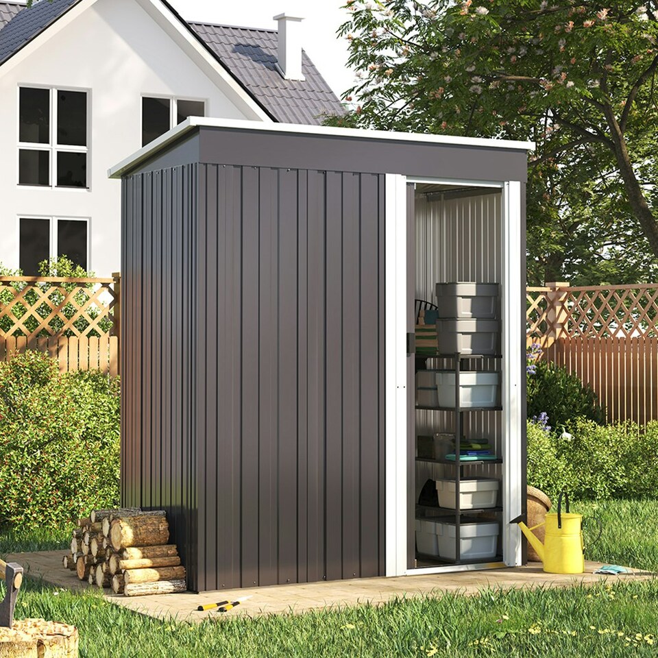 image 1 of Living and Home Galvanized Steel Garden Tool Shed - Black 153 x 77 x 182cm Black