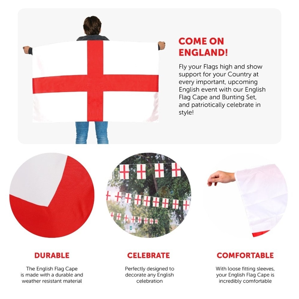 image 1 of Pack of 3 England Wearable Flag & Bunting Red | One Size