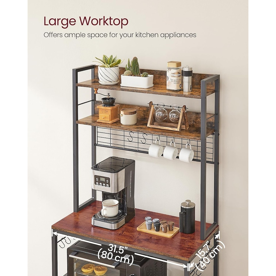 image 1 of Kitchen Storage Rack with Power Outlet, Coffee Station Style Baker’s Rack with Hooks and Panel, Rustic Brown and Ink Black