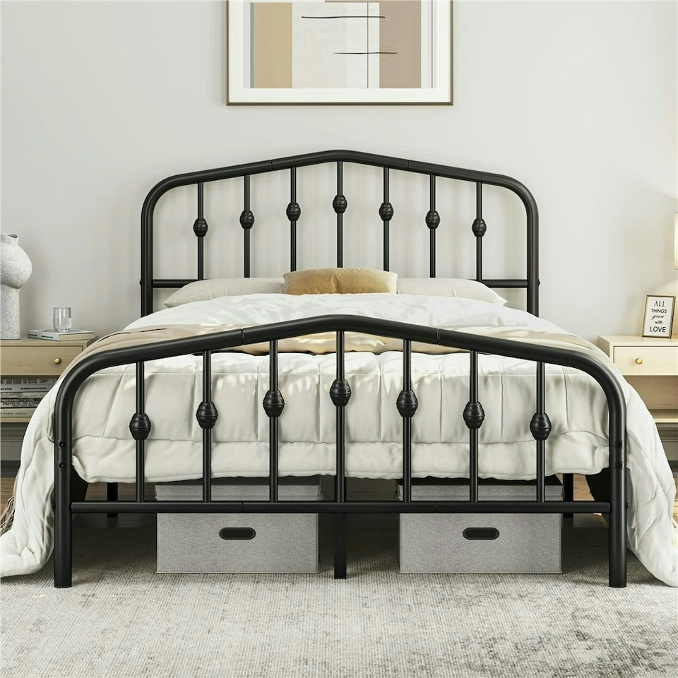 image 1 of Yaheetech 190 cm L × 135 cm W Modern Metal Bed Frame with Arched Headboard Black