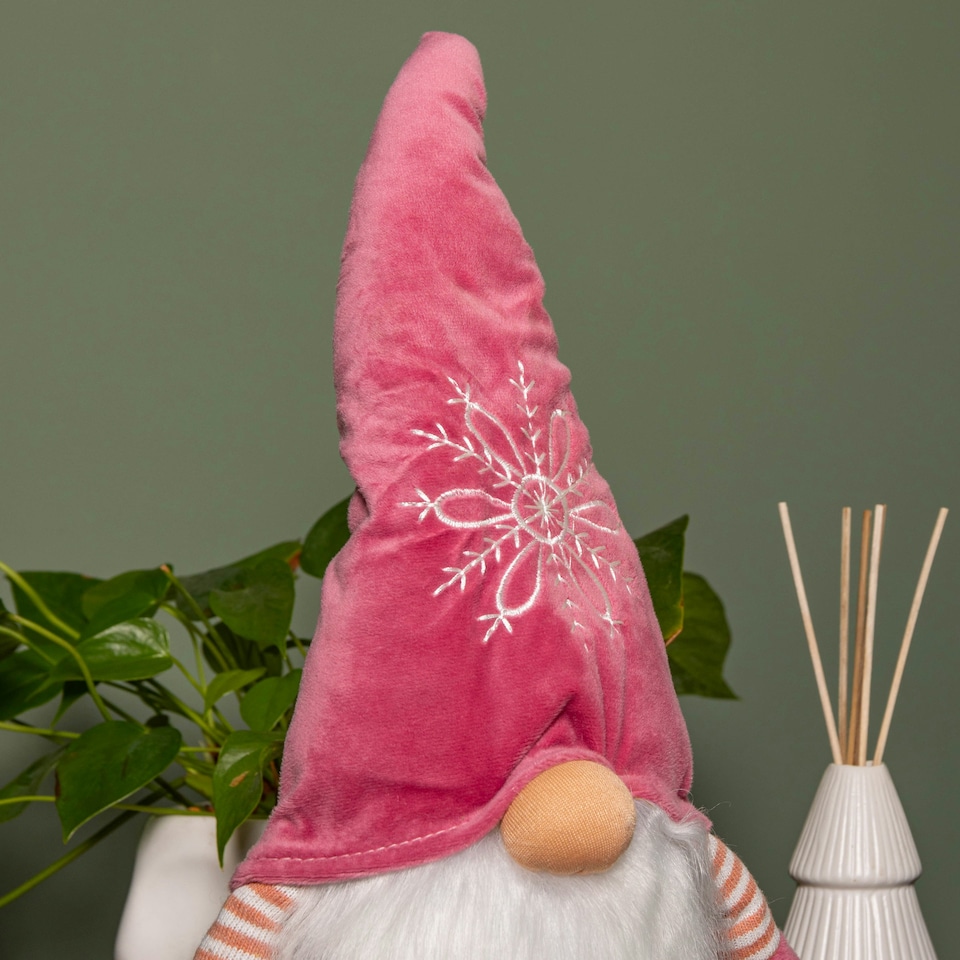 image 1 of 71cm Pink and Grey Sitting Christmas Gonk Decoration with Dangly Legs and Snowflake Hat