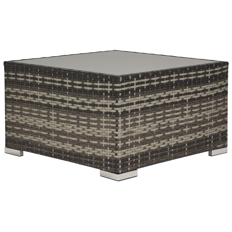 image 1 of Outsunny Rattan Garden Coffee Table, 65 cm Square Garden Rattan Table with Tempered Glass Top, All Weather Wicker Bistro Outdoor Furniture for Patio, Balcony, Porch, Deep Grey