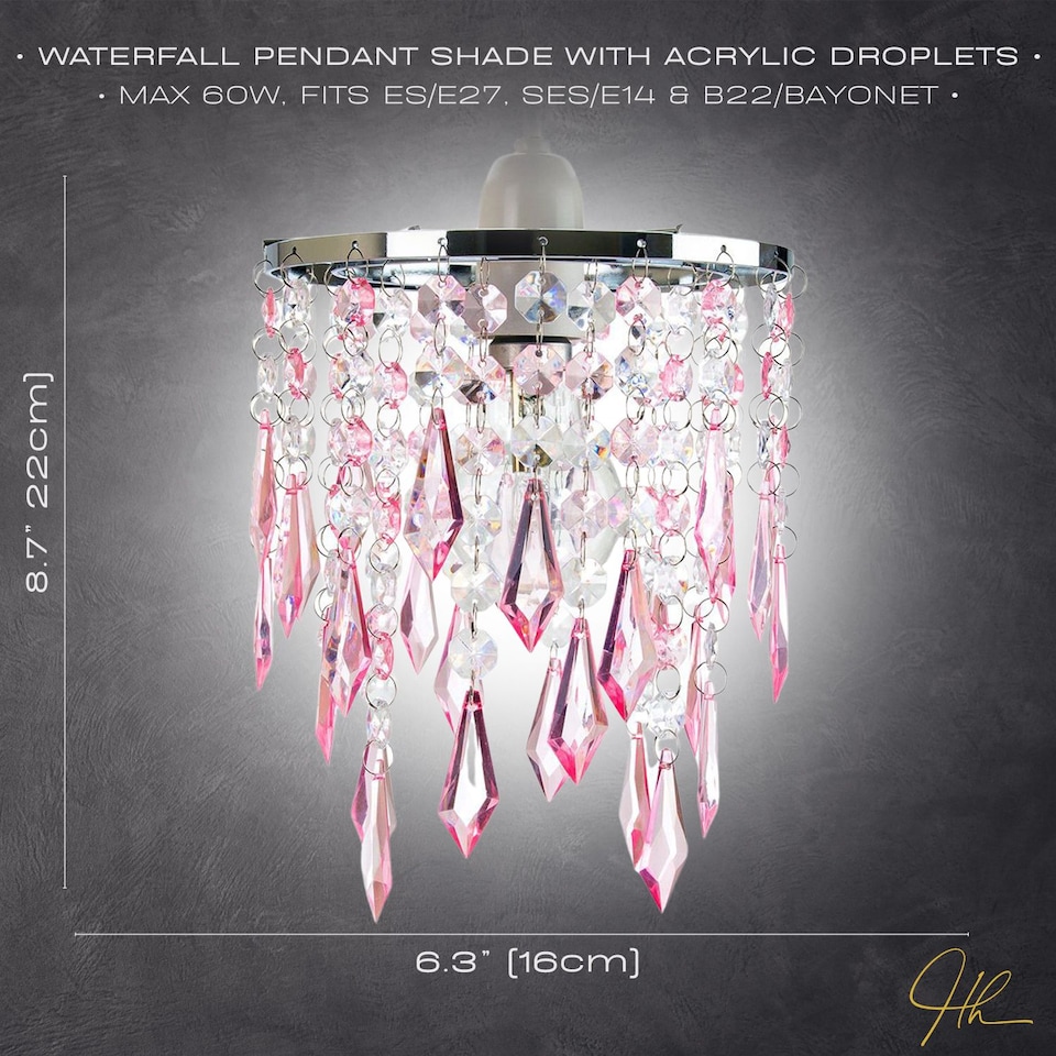 image 1 of Modern Waterfall Design Pendant Shade with Clear/Pink Acrylic Drops and Beads | Pink | Pink | 1