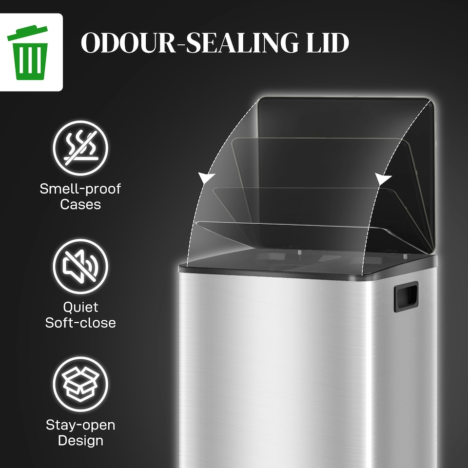 image 1 of HOMCOM 2 x 30L Double Kitchen Bin, Pedal Bin with Soft-Close Lid, Silver Silver