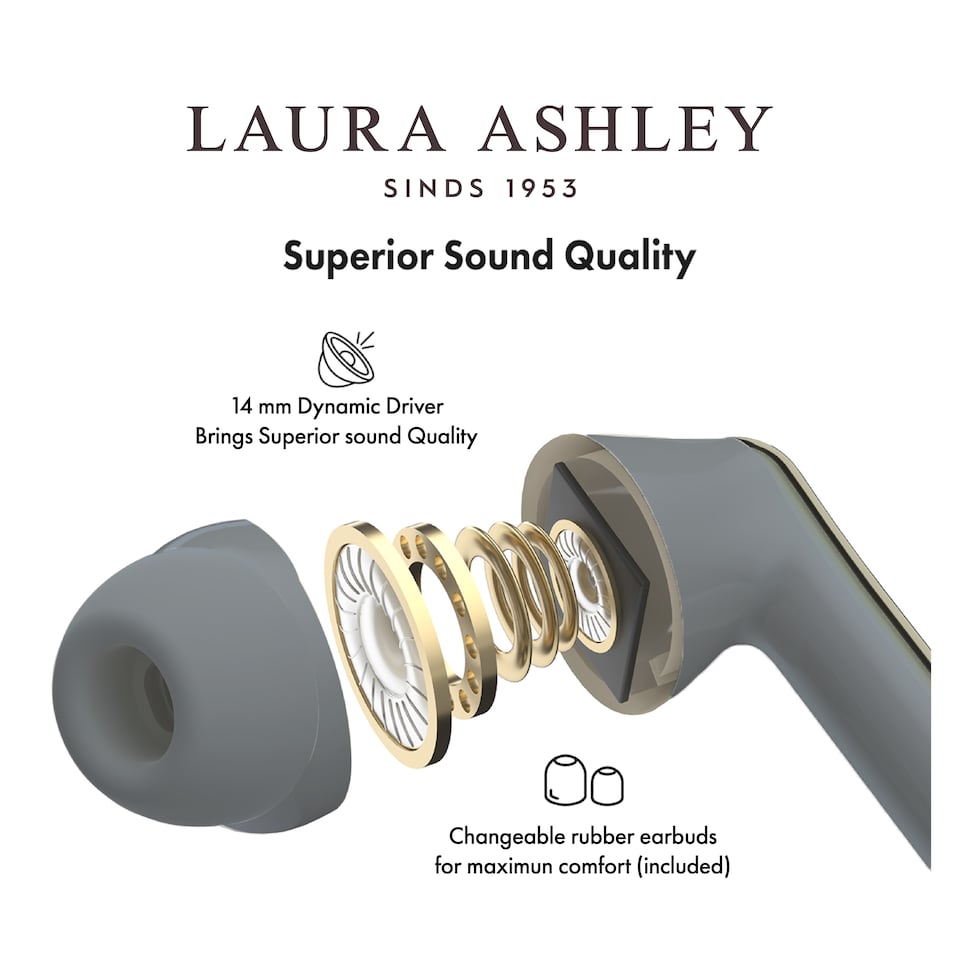 image 1 of Laura Ashley Pussy Willow Grey 'Skylark' True Wireless Earbuds with HD Microphone and Charging Case