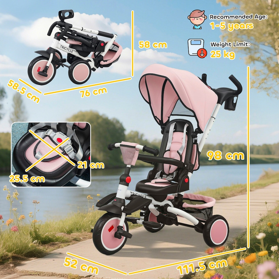 image 1 of AIYAPLAY 6 in 1 Kids Trike, Toddler Tricycle with Parent Handle, Pink