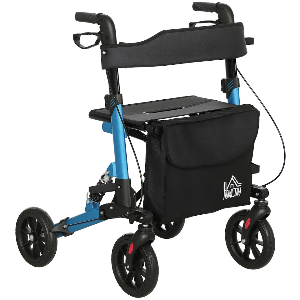 image 1 of HOMCOM Folding Rollator Walker with Seat, Backrest, Lightweight Walking Frame with Storage Bag, Dual Brakes, Adjustable Handle Height, Suspension System, 4 Wheeled Walker for Seniors, Blue