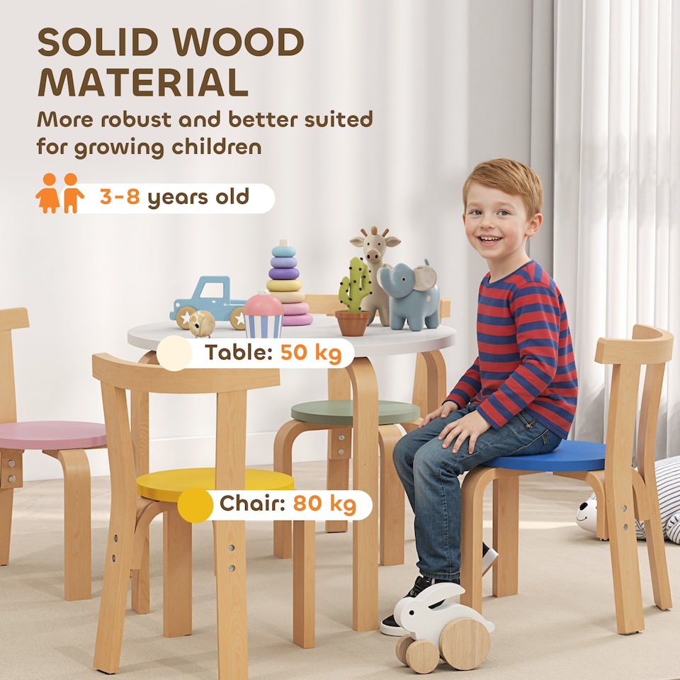 image 1 of AIYAPLAY 5 Piece Kids Table and Chairs Set, Wooden Toddler Table and Chairs Set for Playroom, Nursery, Classroom, for Arts, Crafts, Read, Draw, Aged 3-8 Years, Multicoloured