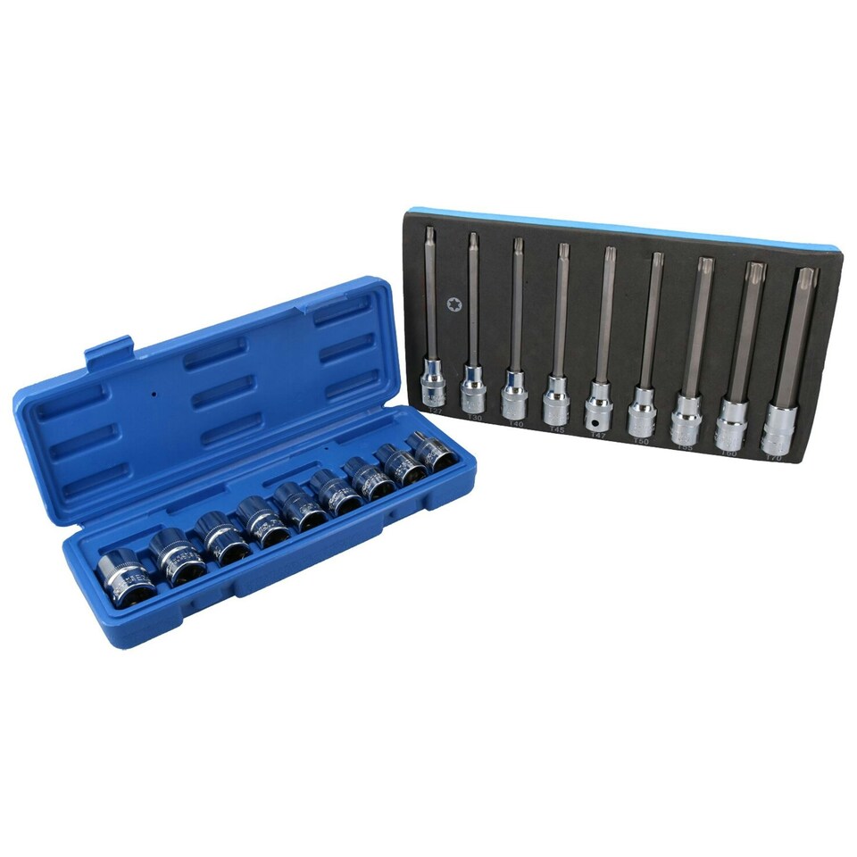 image 1 of 1/2" Drive Male + Female Short Long Torx E Sockets T27 - T70 E10 - E24 18pc