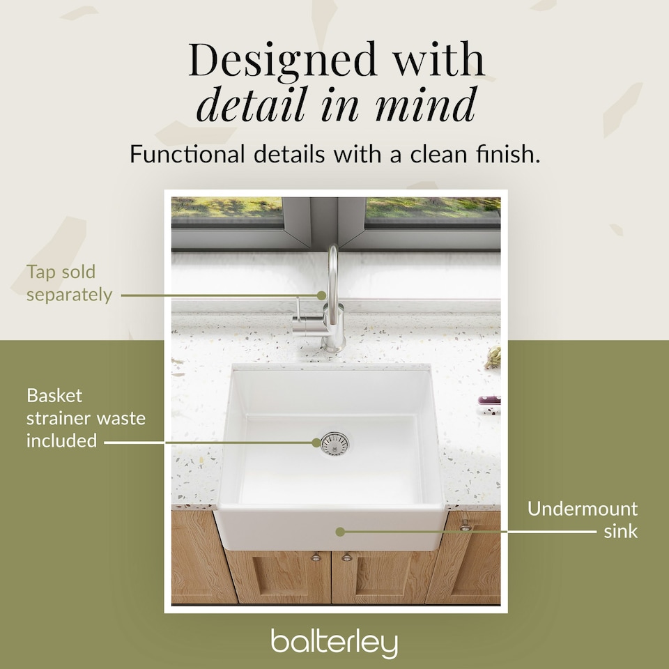 image 1 of 595mm - Single Bowl Fireclay Butler Kitchen Sink  -  Chrome Strainer Waste