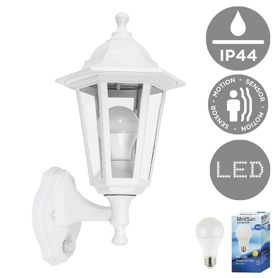 image 1 of ValueLights White Outdoor Garden Security IP44 Rated Wall Light Lantern With PIR Motion Detector Sensor And 1 x 6w LED ES E27 Bulb Black